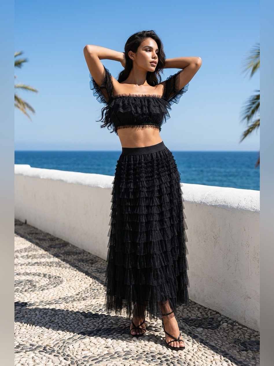 Black Nwot Tiered Tulle Ruffled Maxi Skirt - Women